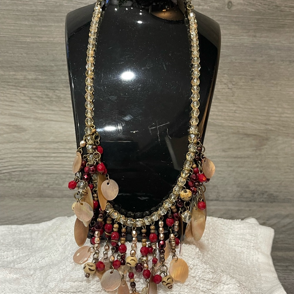 Vintage Chico’s Beaded Necklace with Red/Gold Accents and mother of pearl fringe - Picture 3 of 8